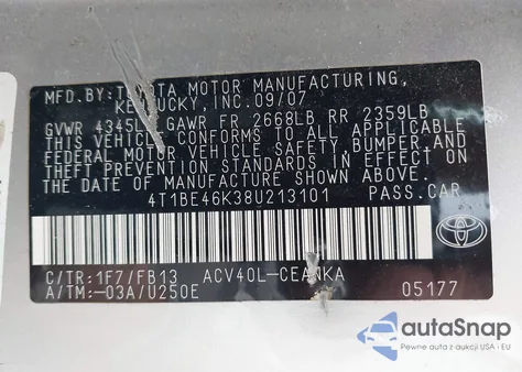 2008 Toyota Camry Le from USA, damaged, VIN 4T1BE46K38U213101